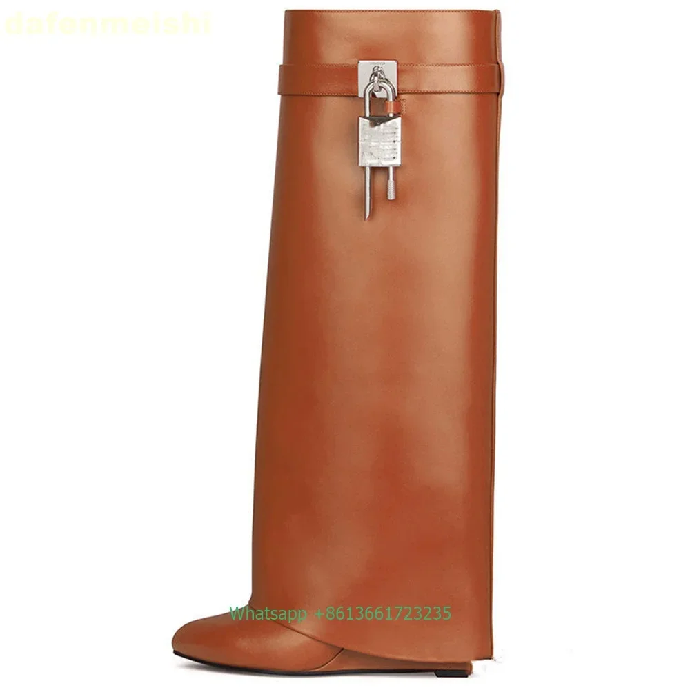 Classic Style Metal Lock Shark Boots Fiber Leather/cowhide Solid Color Fashion Women Knee-High Boots Platform Wedges Trend Shoes