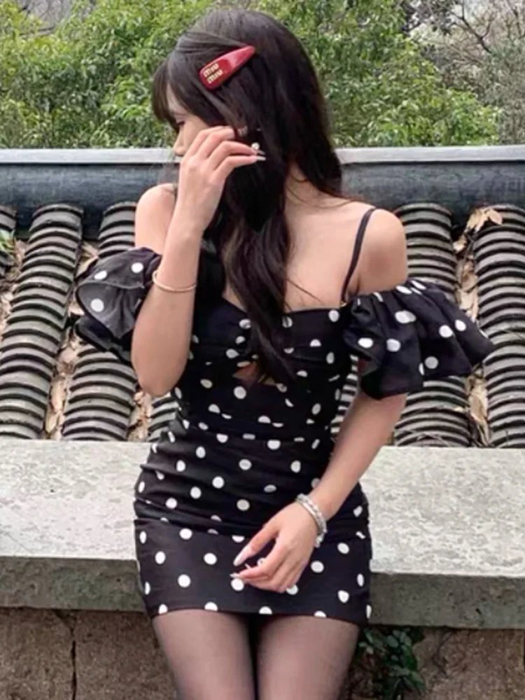 

HH женское сексуальное черно-белое плиссированное элегантное платье в горошек с открытой спиной женское весеннее мини-вечернее платье на молнии без бретелек на бретельках