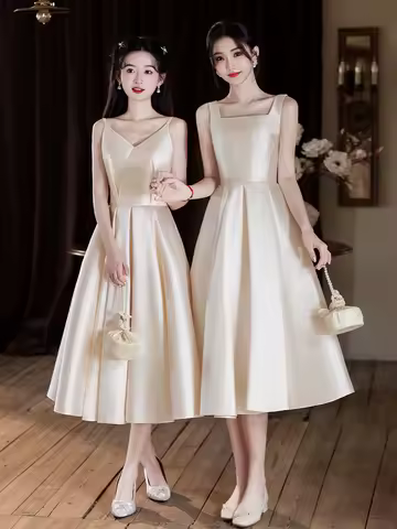 Champagne Medium Length Bridesmaid Dress 2026 New Satin One Shoulder Evening Dresses Solid Color Performance Prom Gowns