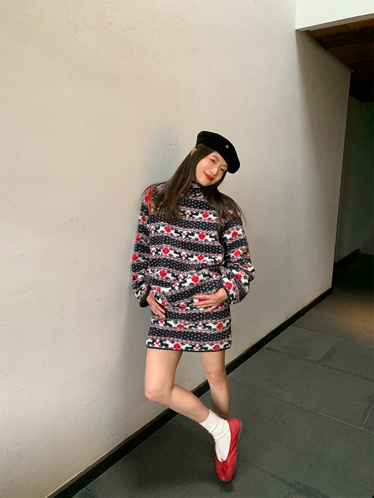 

Sli Floral Two-Piece Set Lamb Fur Simulation Hooded Top f Skirt Beautifully Designed Spring Faion Women's Ensemble