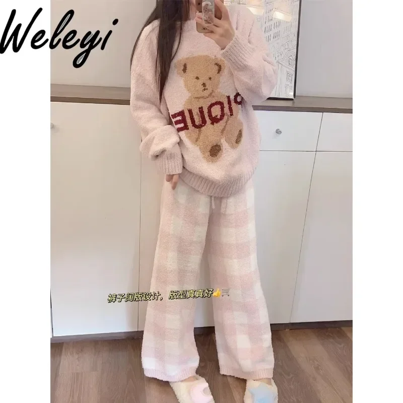 Japanese Sweet Warm Pique Loungewear Pants Suit Autumn and Winter Loose Soft Christmas Plaid Pajamas Top Women Pijamas Feminino