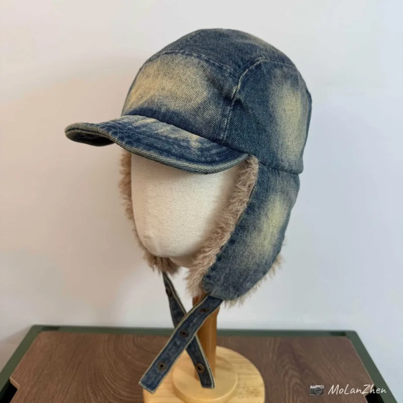 اليابانية الرجعية غسلها الدنيم زائد الصوف لي فنغ قبعة للرجال والنساء الشتاء سميكة ودافئة الدراجات سدادات حماية الأذن منفذها القبعات