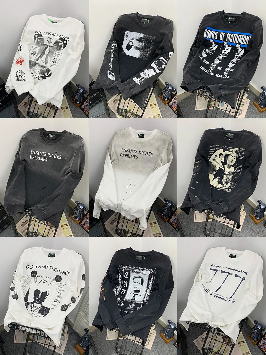 Washed Vintage Print Long Sleeve T-Shirt Men Women Trendy Hollow out Casual Cotton Top Breathable round Neck for Couples
