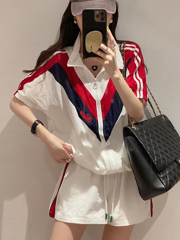 Fashion Casual Sports Suit Women 2024 New Thin Polo Neck Coat Tops+Elastic Waist Shorts Short Sleeve 2 Piece Sets Women Outfit