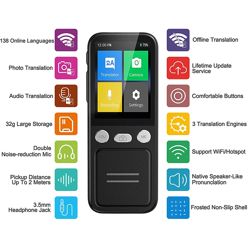 T16 AI Voice Real Time Translator 138 Multi Online Languages Voice-Record 3.1 Inch Big Touch Screen Learning Conversion T12
