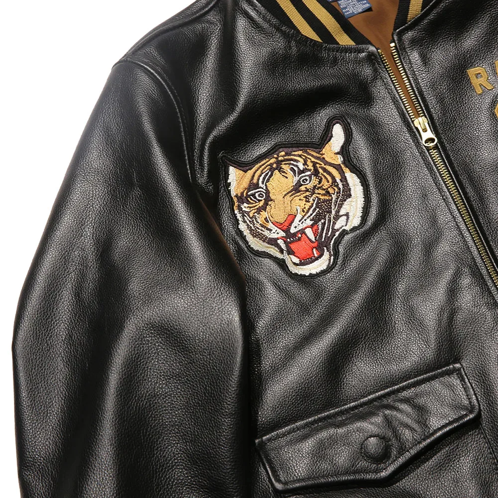 Top Herren Qualität Stehkragen Echt lederjacke Baseball Tiger Stickerei Mode Freizeit erste Schicht Rindsleder Mantel