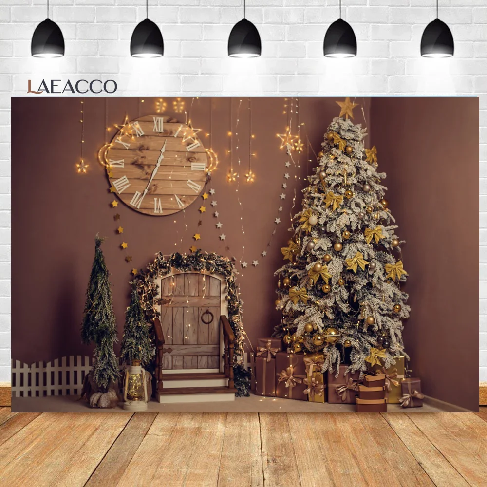 

Laeacco Christmas Rustic Wood Indoor Photography Backdrop Xmas Tree Stars Gift Newborn Baby New Year Portrait Photo Background