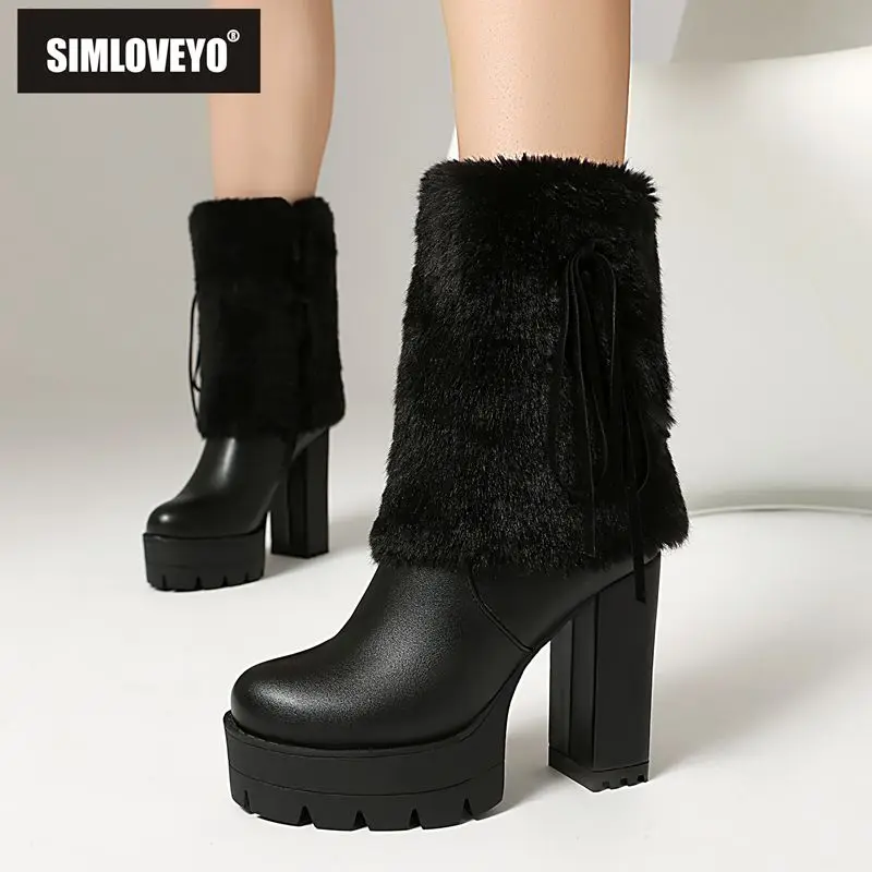 

SIMLOVEYO Женские сапоги до середины икры с круглым носком, 11 см, массивный каблук 3,5 см, платформа, застежка-молния, большие размеры 47-50, стиль для свиданий, черный, белый цвет