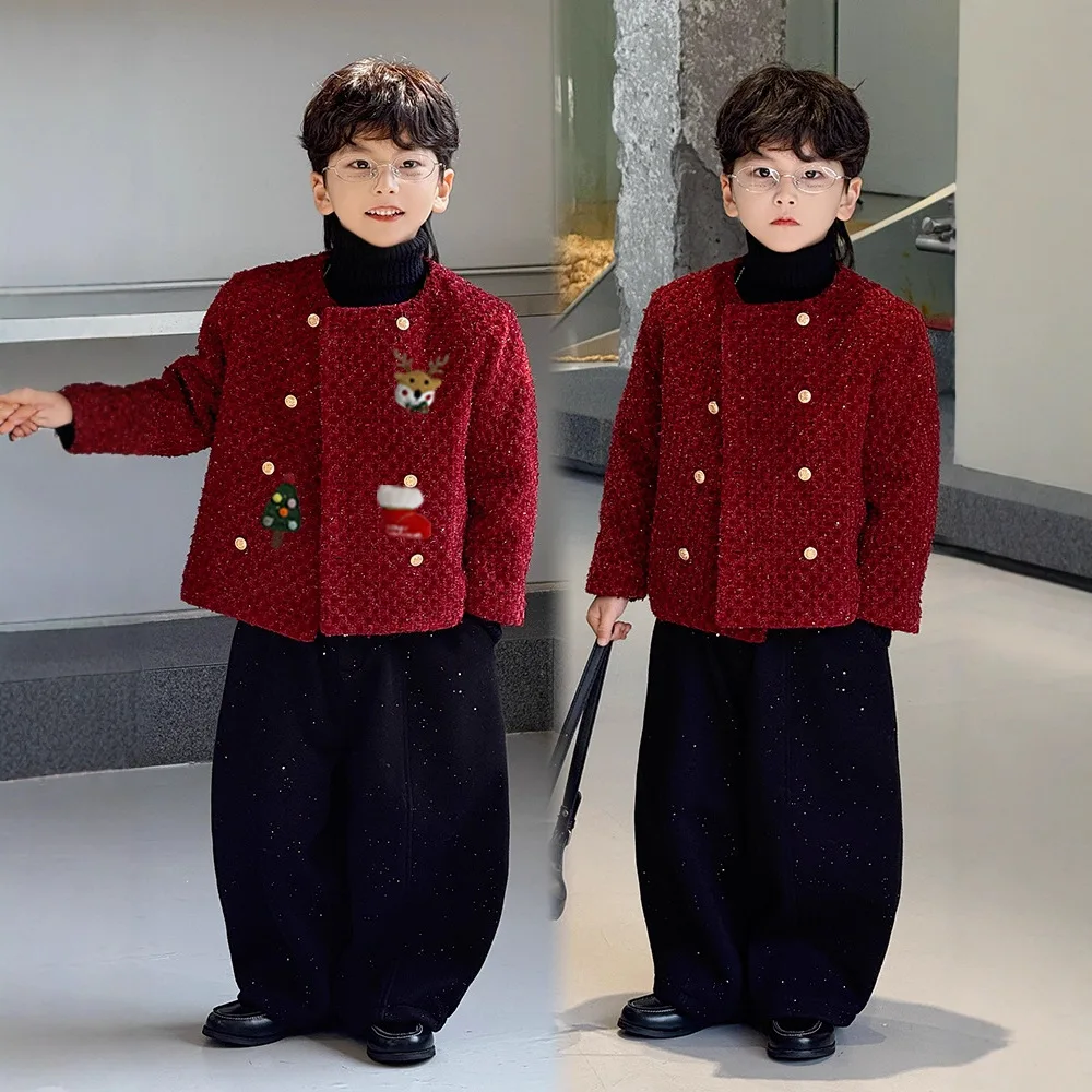 Kids Tweed Blazer Coat Winter Fleece Warm Suit Jacket for Boys Red New Year Outfits Thicken Thermal School Teen Child Outerwear