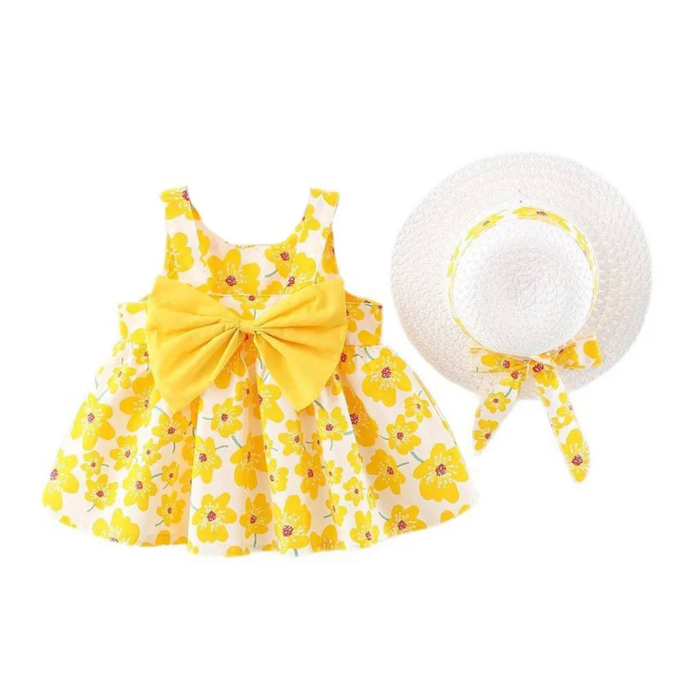 

Fashion Bowknot Baby Girl Princess Dress Summer Sleeveless Floral Dress with Hat Loose Sweet Kids Flower Dress Birthday Gift