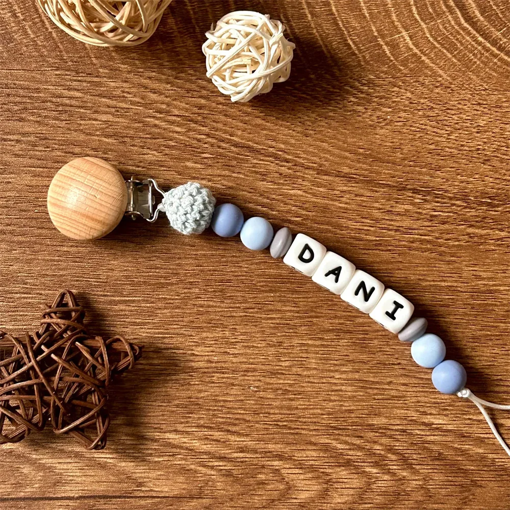 Custom Name Silicone Beads Pacifier Chain with Colorful Beads & Crochet Balls