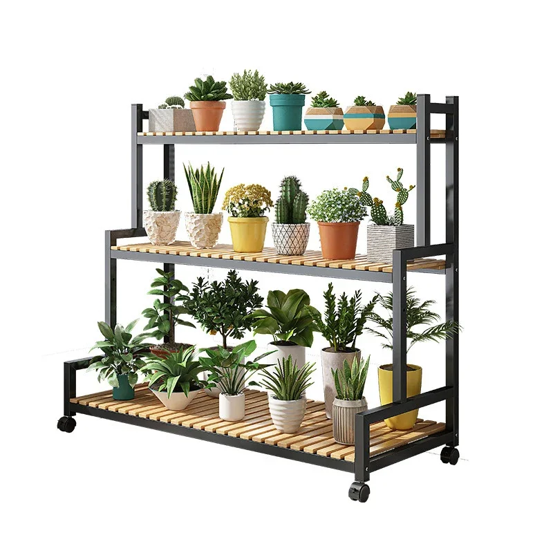 

100cm Flower Iron Shelf Multifunctional Storage Rack with Wheels Moving Shelf 3-lay