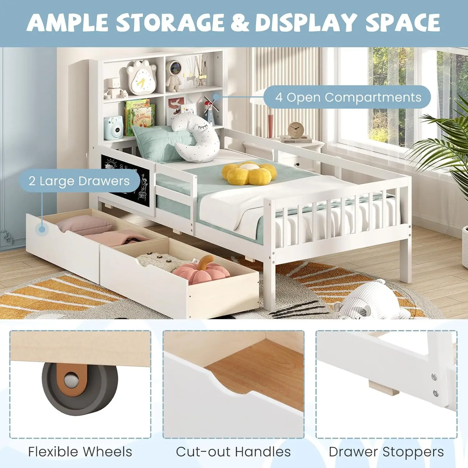 서랍 2개가 있는 트윈 침대, 견고한 목재 어린이용 침대 프레임, 책장 머리판, 칠판, 가드레일, 나무 칸막이, 흰색