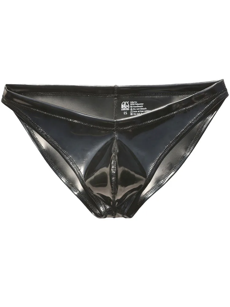 

S-3XL Double Sided PU Leather Reversible Bikini Briefs Wet Look PVC Convex Pouch Jockstrap Calzoncillo Hot Swimming Trunks Slips
