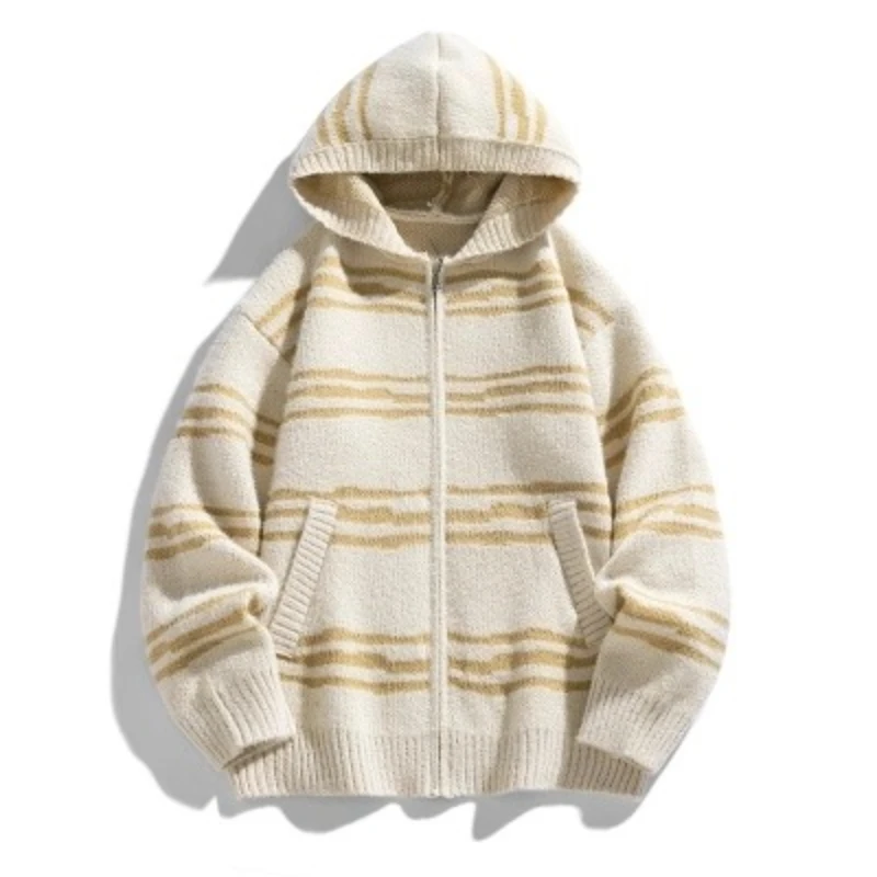 

New Quality Collage Contrasting Striped Knitted Cardigan Men's Coat New Street Casual Loose Sweater Striped Sweater for Men