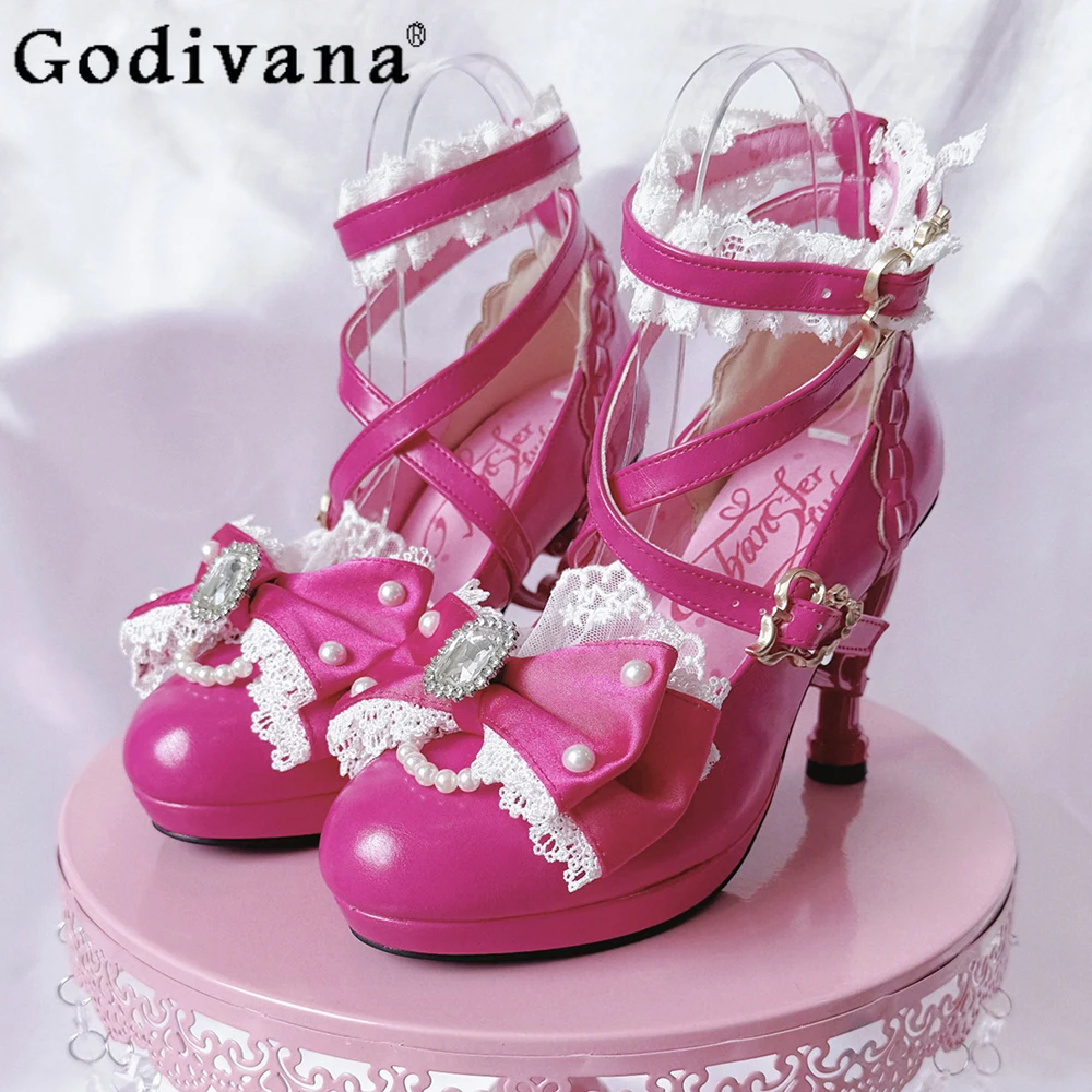 

Women's Wedding Pink High Heel Pumps New Gal Style Lolita Sweet Elegant Cute Bow Princess Tea Party Mary Jane Shoes Lo Cos Pumps