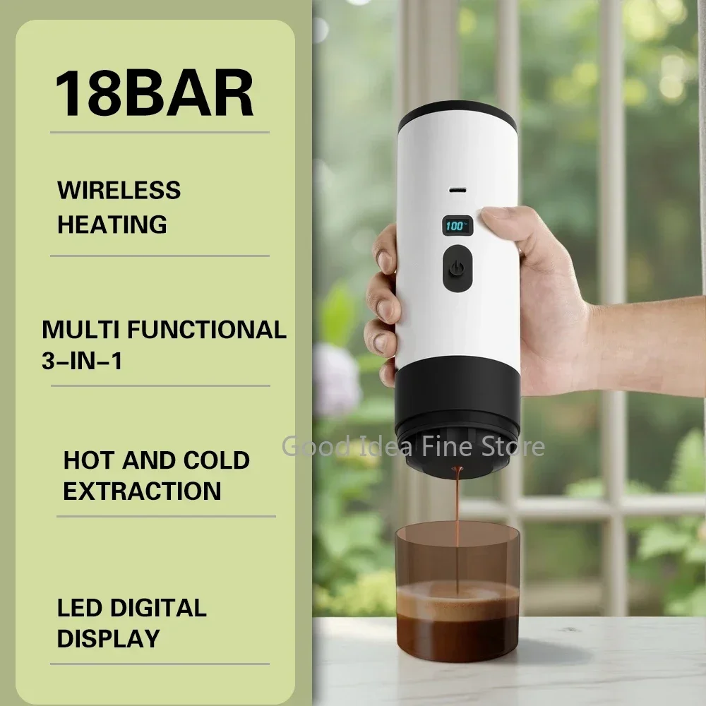 ماكينة القهوة المحمولة اللاسلكية للشحن 18 بار متعددة الوظائف 3 في 1 ماكينة قهوة بالكبسولات للتدفئة الأوتوماتيكية بالكامل