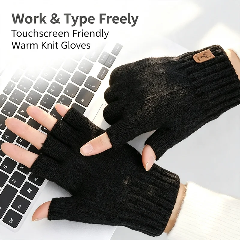 1/2/3Pairs Thermal Half Finger Gloves Windproof Cold Proof Stretch Knitted Gloves Cycling Driving Outdoor Touchscreen Mittens