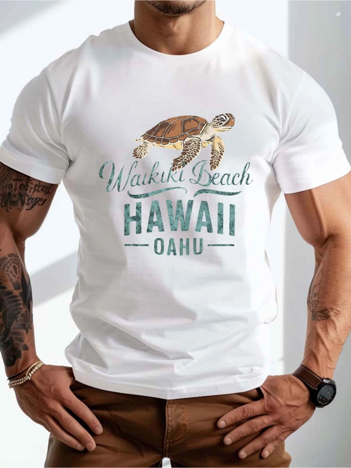 Men'S Plus Size Casual T-Shirt | Waikiki Beach Turtle Graphic Print, Crew Neck, Short Sleeve, Summer Fabric, All-season, Regular