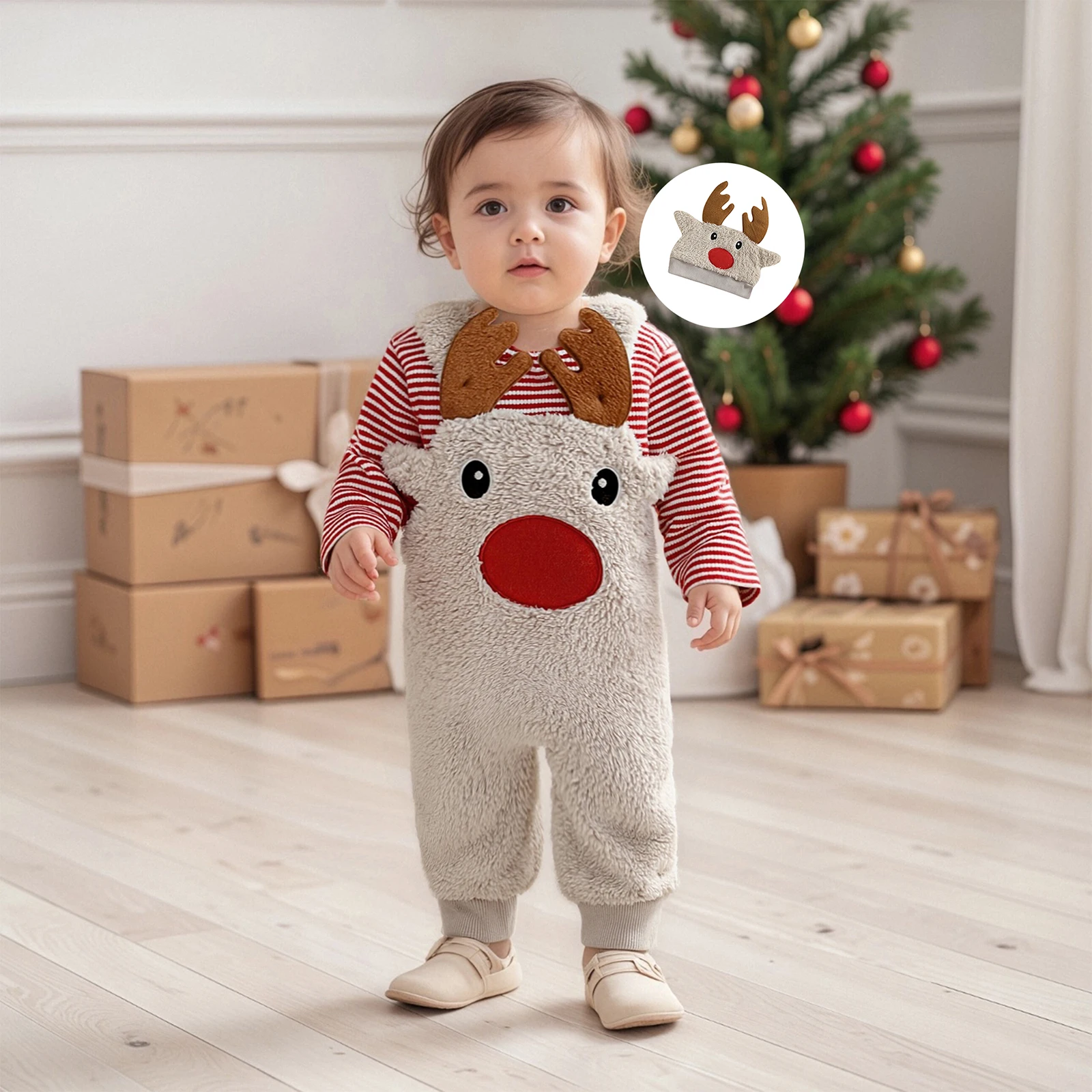 2026 السنة الجديدة طفل رضيع زي عيد الميلاد عيد الميلاد فضفاضة تناسب مخطط كم طويل رومبير الرنة أفخم وزرة وقبعة 3 قطعة مجموعة