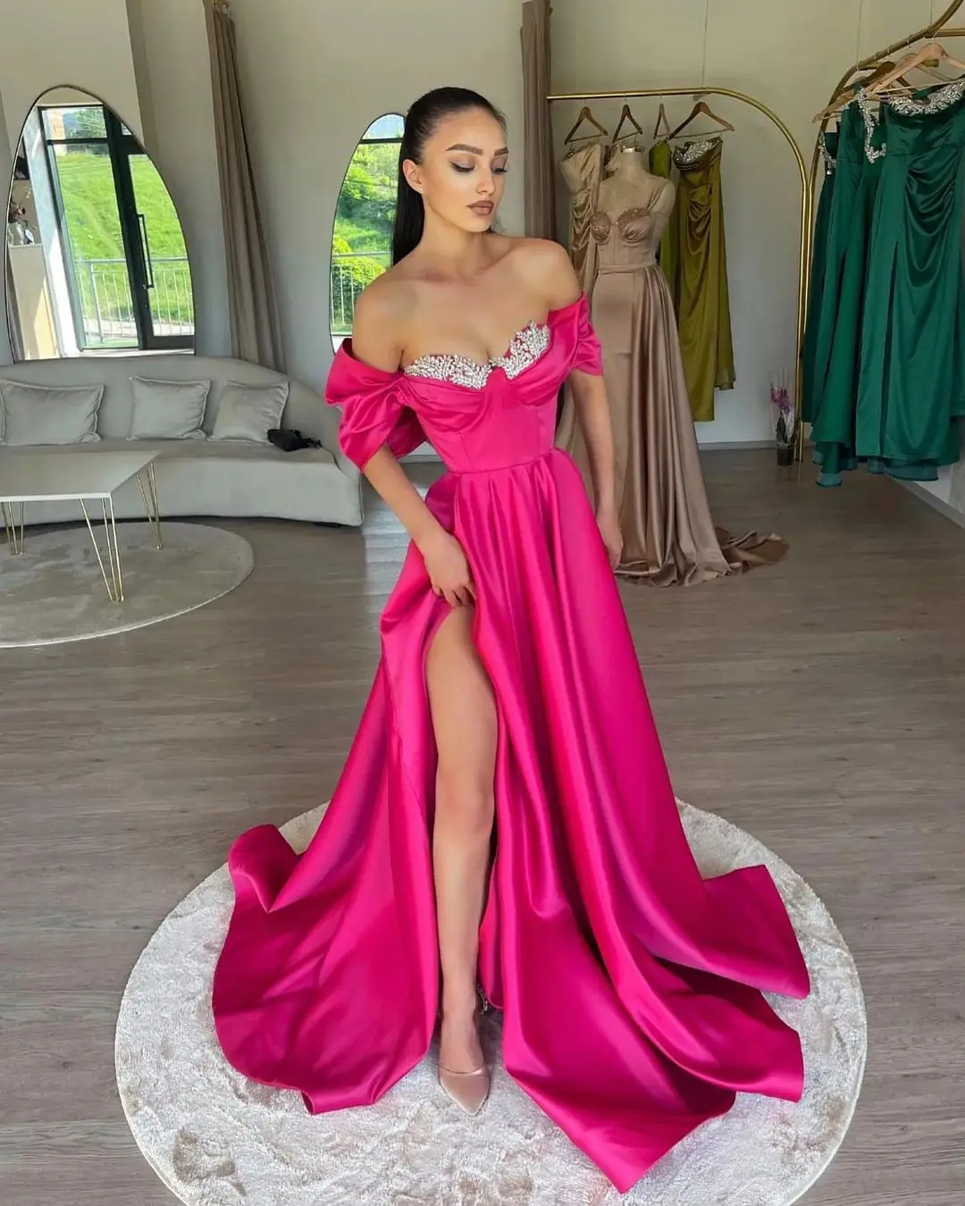 

Customized Fashion Satin A-Line Off the Shoulder Crystal Evening Dresses Strapless Half Sleeves Panel Train Cocktail Dress