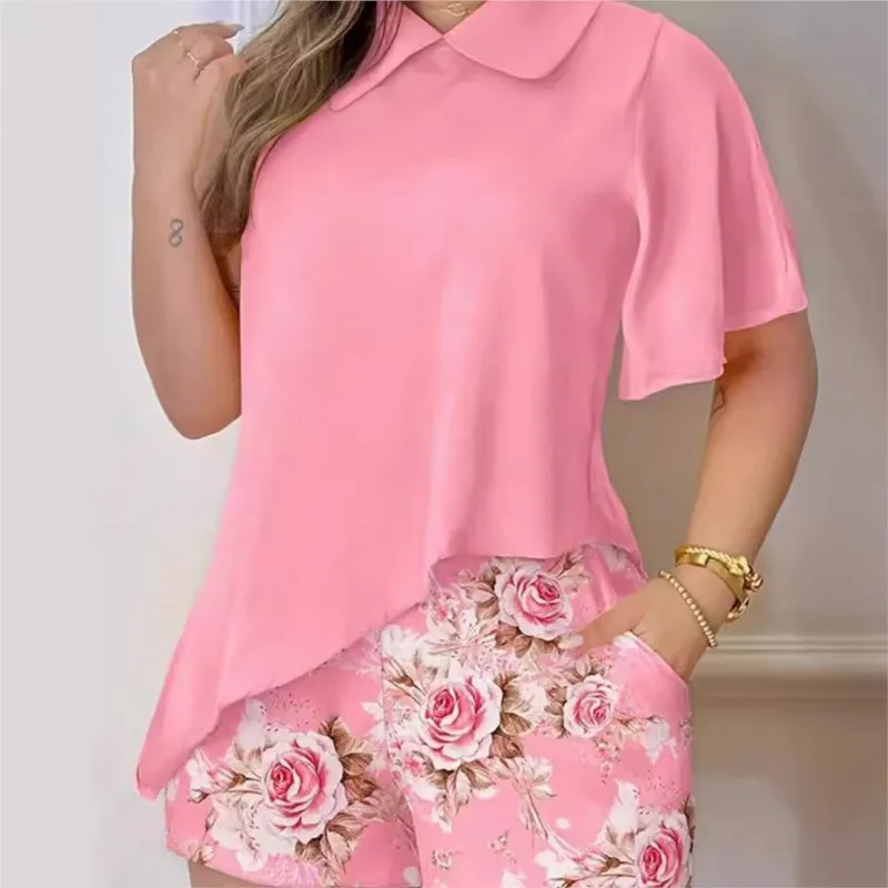 

New Summer Women's Two-piece Set Fashion Lapel Short-sleeved Asymmetrical Hem Solid Color Top And Pocket Floral Print Shorts Set