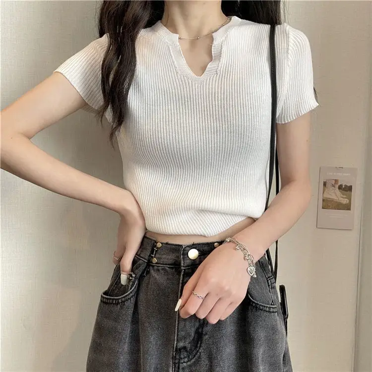 Ice Silk Short Sleeve T-Shirt Women's Summer New Small Size Slimming Grey V-Neck Sexy Knitted Top Trendy Shoulder Width Regular