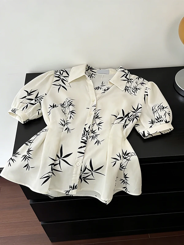 

plus Size Bamboo Leaf Watercolor Print Short Sleeve Women's Shirt Summer Design Slim Fit Top Korean Style Commute Fashion
