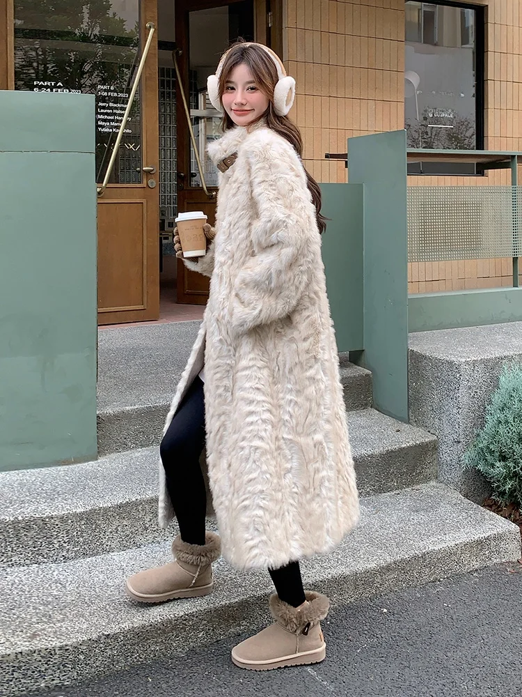 Luksusowe, długie damskie płaszcze ze sztucznego futra, nowość na zimę 2024, zapinane na guziki, skórzane i futrzane, imitacja skóry licowej, koreański styl.