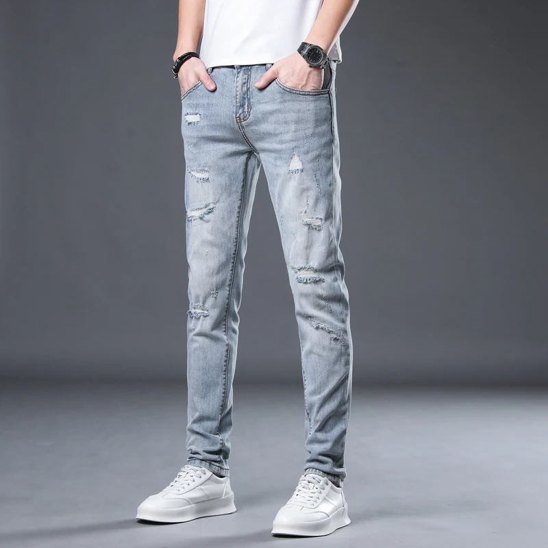 Distressed Jeans Men Slim Skinny Fit Light Blue Stretch Denim Pants Streetwear Patched Hip Hop Jeans Ripped Men's Trousers Top