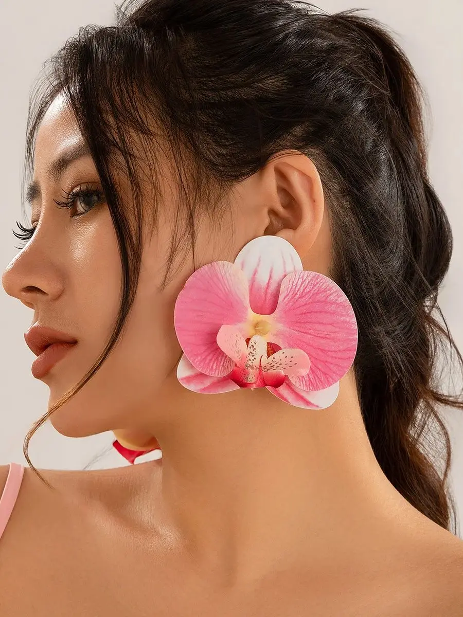 Salunderes-Boucles d'oreilles grande fleur exagérées pour femmes, boucles d'oreilles goutte d'orchidée papillon rose, bijoux de fête pour dames, tendance