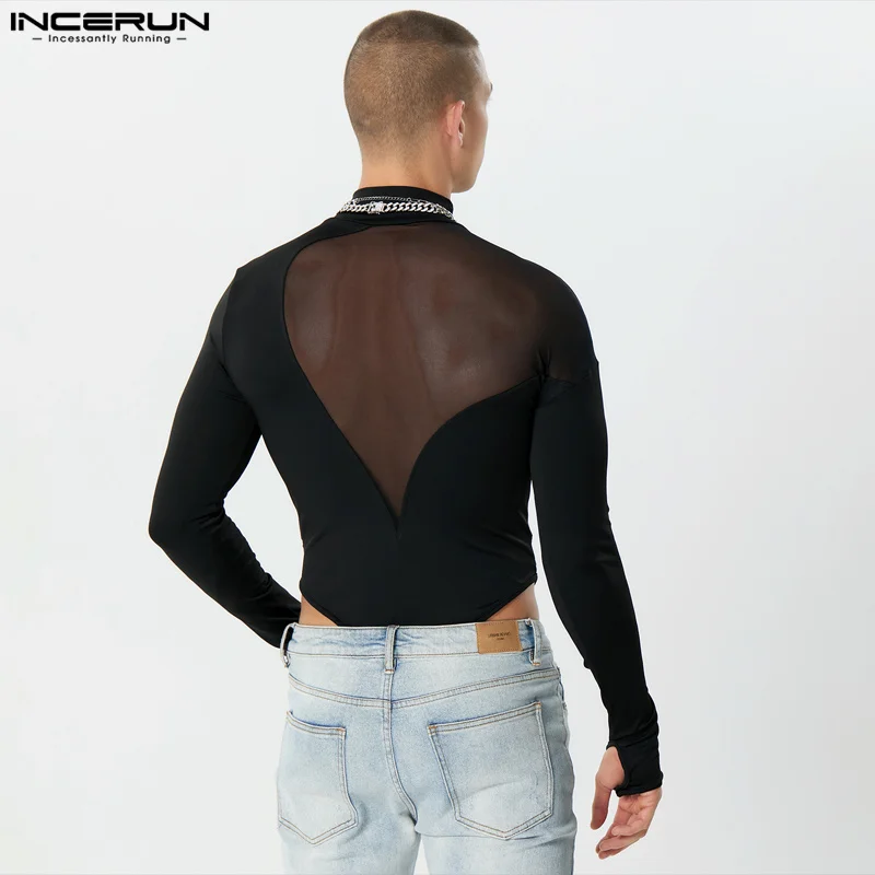 Men Bodysuits Mesh Patchwork Transparent Turtleneck Long Sleeve Rompers Men Streetwear 2023 Sexy Fashion Bodysuit S-5XL INCERUN