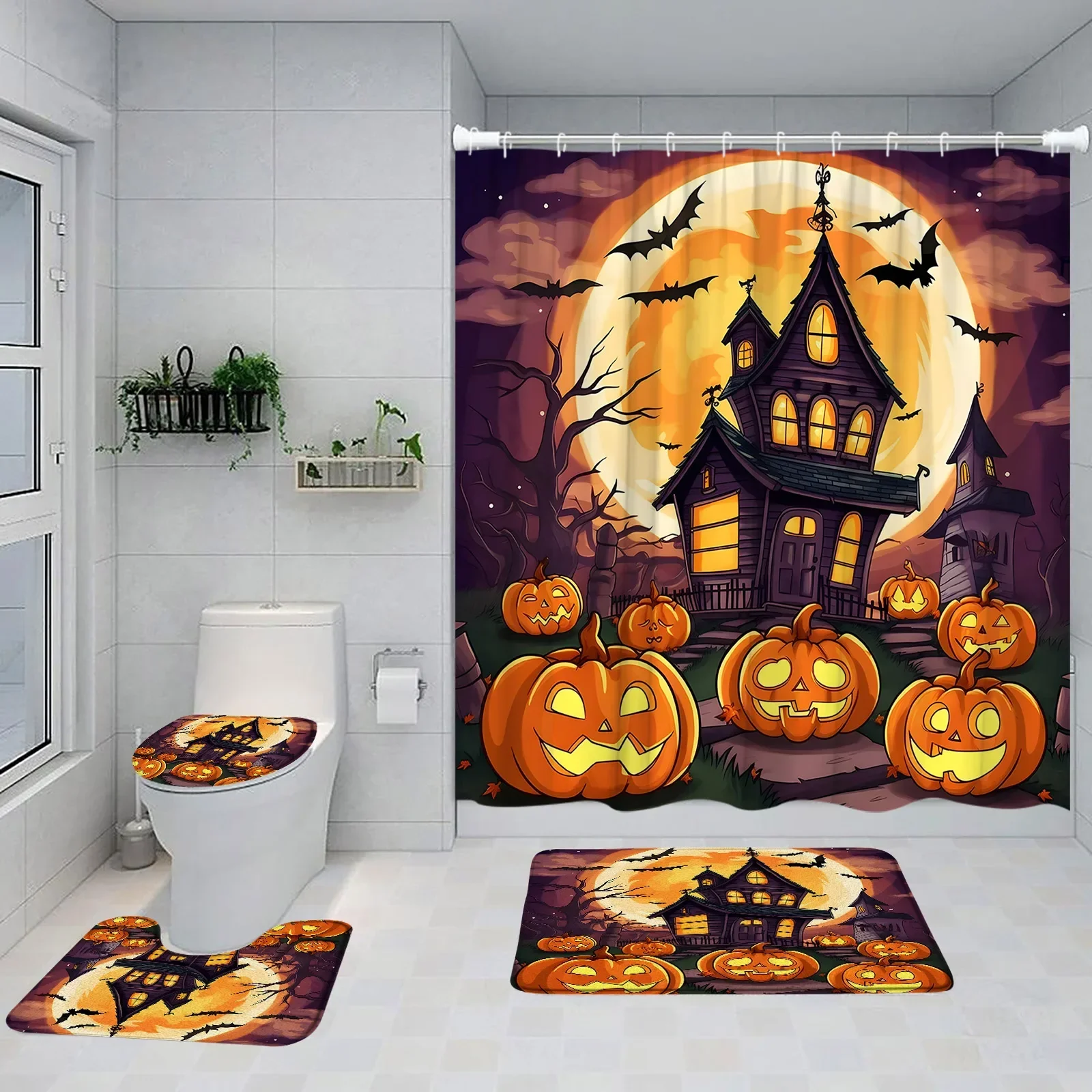 Graveyard Halloween Shower Curtain Set Black Cat Full Moon Night Flying Witch Evil Pumpkin Tombs Home Carpet Toilet Lid Cover