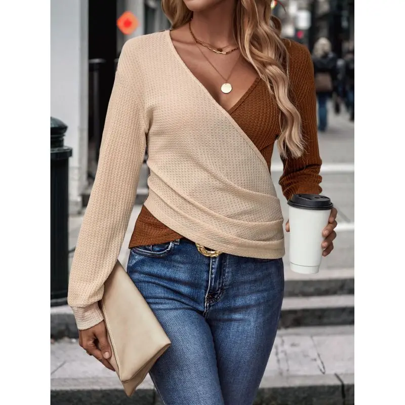 2024 New Summer Elegant Fashion High Waist Oversized Women\'s Clothing Loose Casual Solid Splicing V Neck Long Sleeve Chic Tops