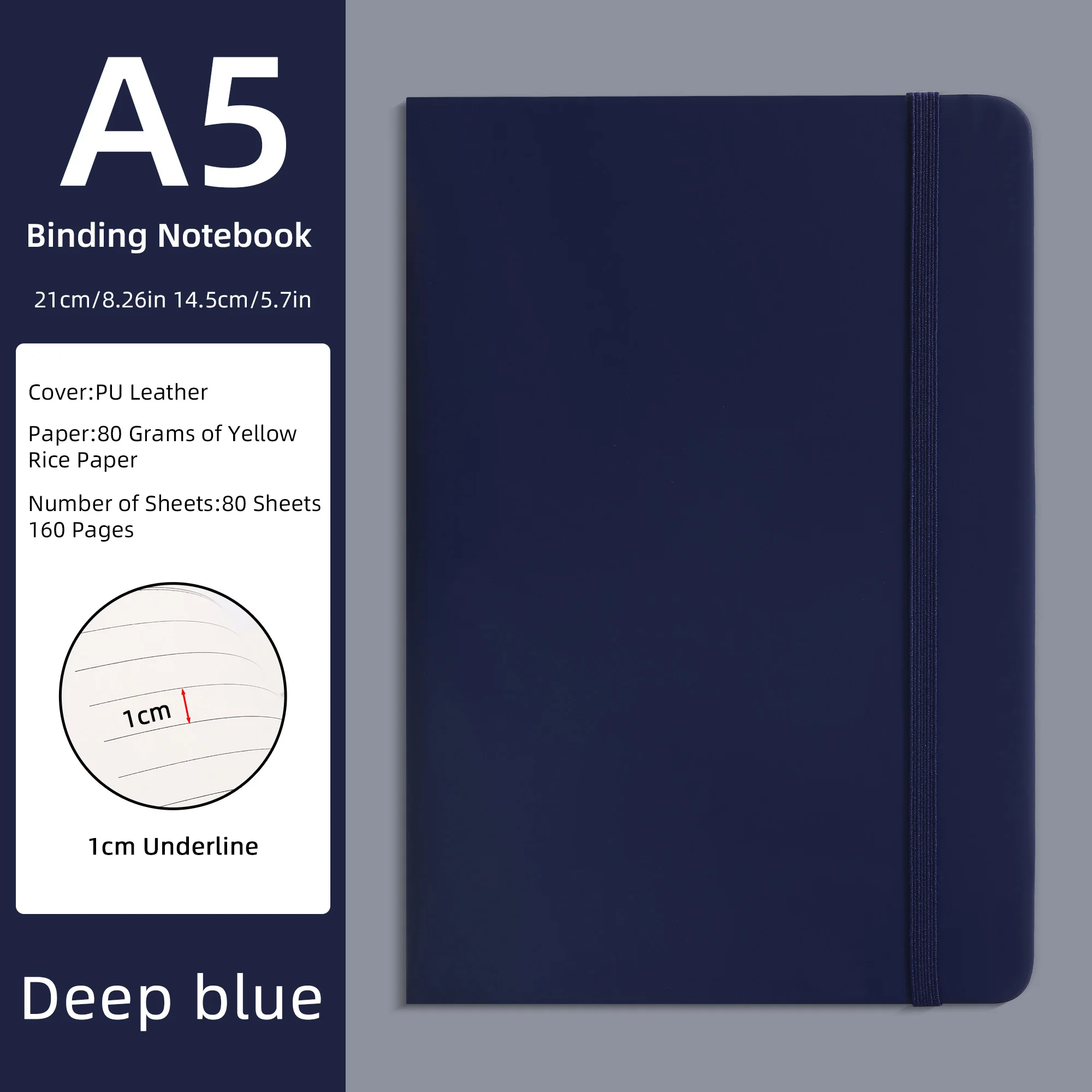 A5 PU-Leder Notizbuch - Lila, 80 Blatt (160 Seiten) 80g/m² Gelbes Reispapier, 1cm Unterstrichung, Hardcover-Journal mit Gummiband – Detail 9