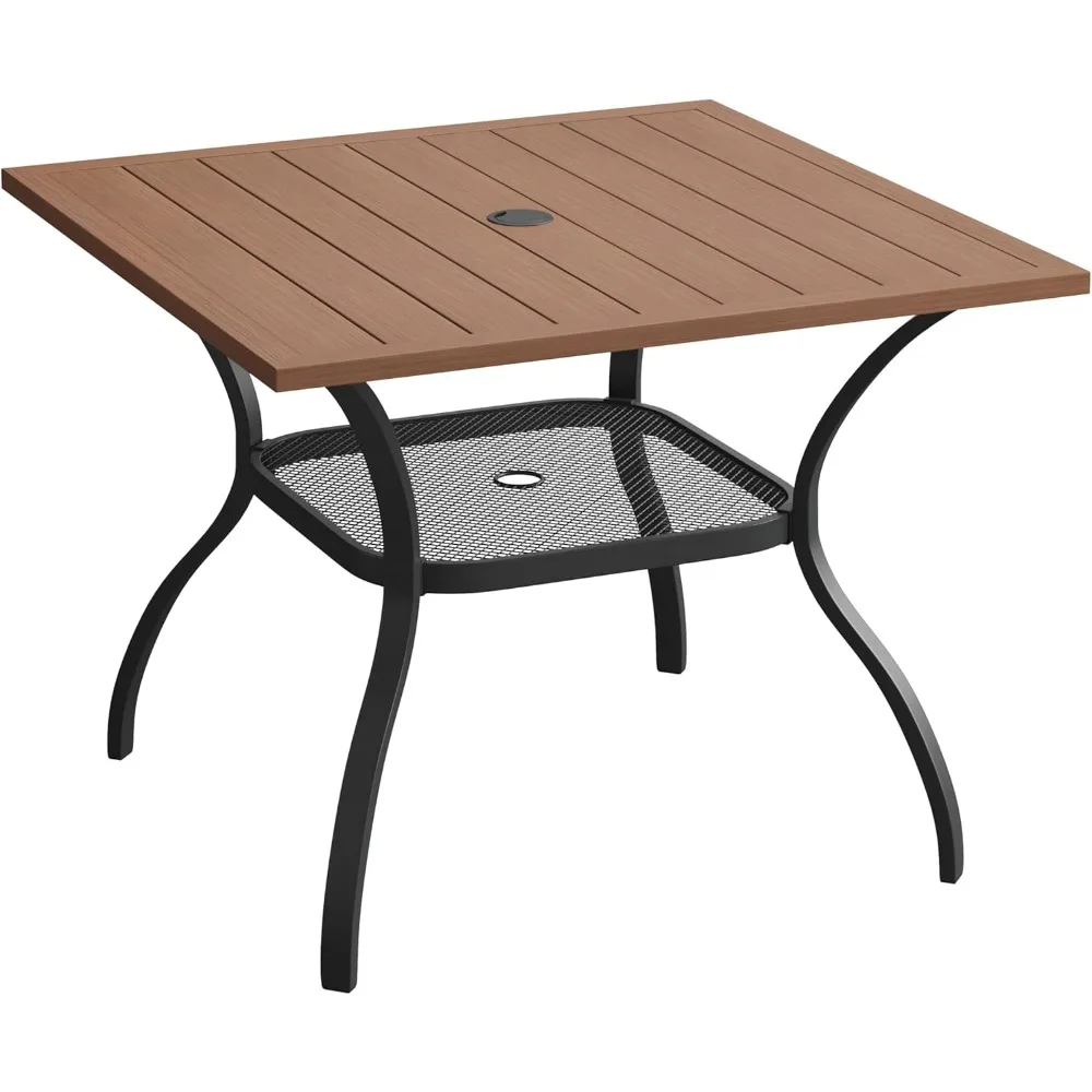 Square Outdoor Patio Table, All Weather Metal Outdoor Dining Table for Lawn Garden, Walnut Wood-Like Tabletop