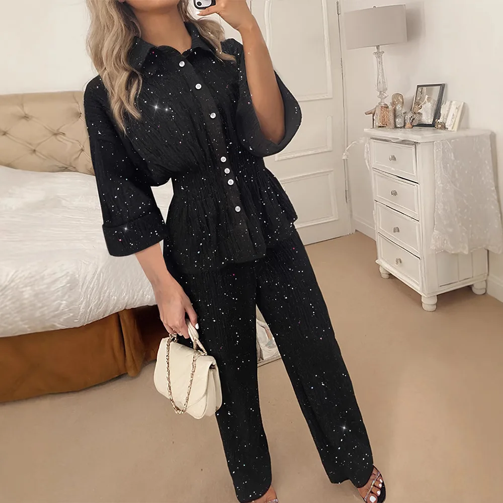 Elegant Women Two-Piece Suit Set Glitter Solid Color Long Sleeve Turn-Down Collar Button Shirring High Waist Shirt Top Pants Set