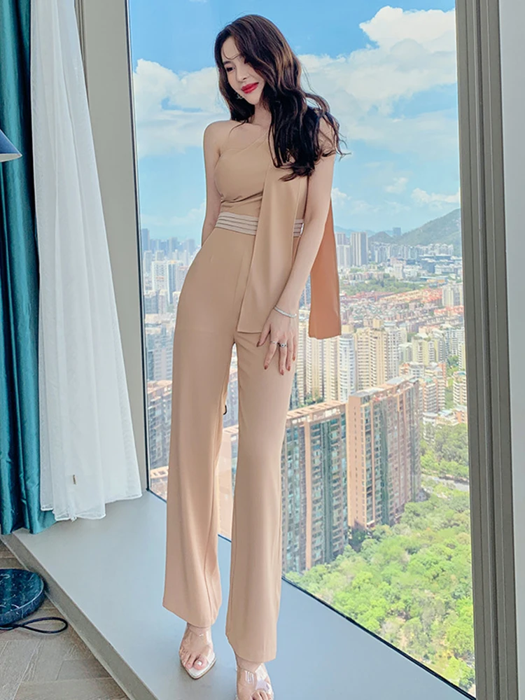 

Fashion Long Jumpsuit Woman Elegant Chic Sexy Khaki One Shoulder Ribbon Pants Mono Women Holiday Outfit Party Streetwear Rompers