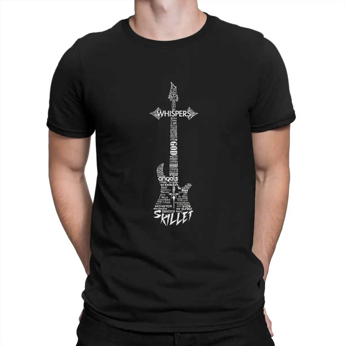 Guitar Typography On Black T-Shirt Men Skillet Band Awesome Pure Cotton Tee Shirt O Neck Short Sleeve T Shirts Summer Clothing