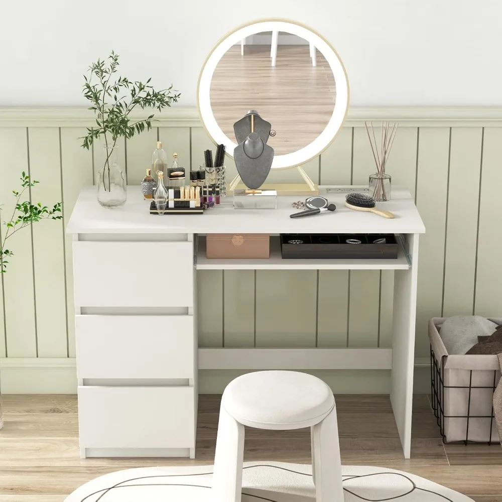 3つの収納引き出しと内蔵充電ステーションを備えたホームオフィスデスク、キーボードトレイ付きコンピューターデスク、学習机、ライティングデスク