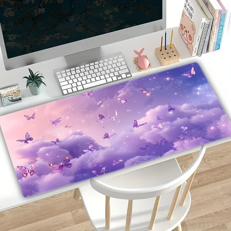 Cute Large Mouse Pad, Butterfly Cloud Watercolor Floral Bow Dreamy Galaxy Print, Non‑Slip Rubber Desk Mat for Office Decor