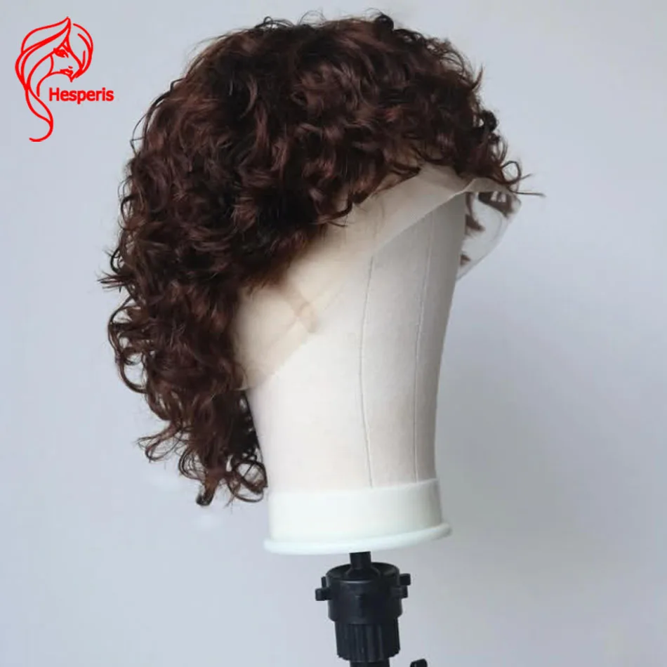 Hesperis Brown Curly Mullet Wig Brazilian Remy Full Lace Human Hair Wigs Curly Pixie Cut Wig Short Men\'s Wig With Bangs