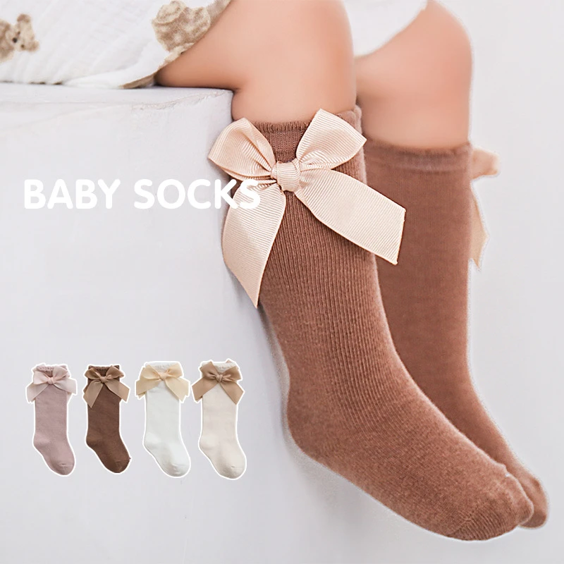 Baby High Socks Autumn and Winter Baby Solid Cotton Socks Korean Version Bow Princess Socks Loose Mouth Windproof Long Socks