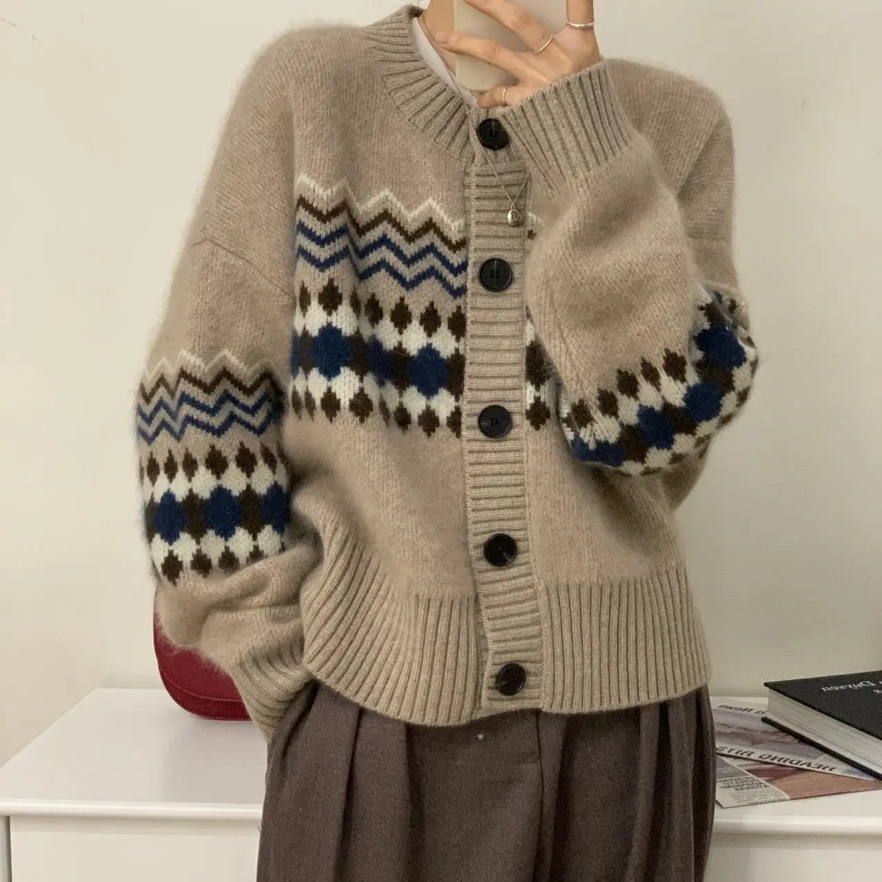 Cardigan women sweater 2026 Spring loose short knitted retro jacquard button open stitch coat for women's sweater clothing