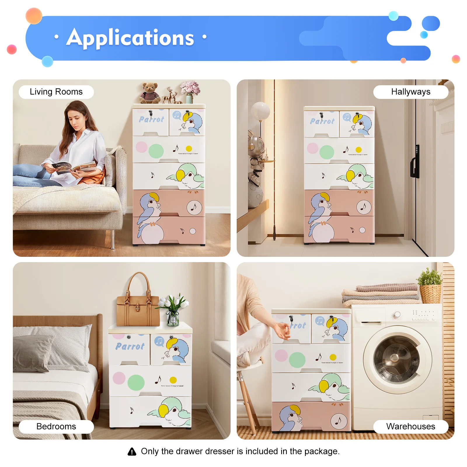 خزانة ذات أدراج الببغاء، خزانة تخزين مع 6 أدراج، منظم خزانة طويل القامة لغرفة اللعب، أثاث غرفة النوم