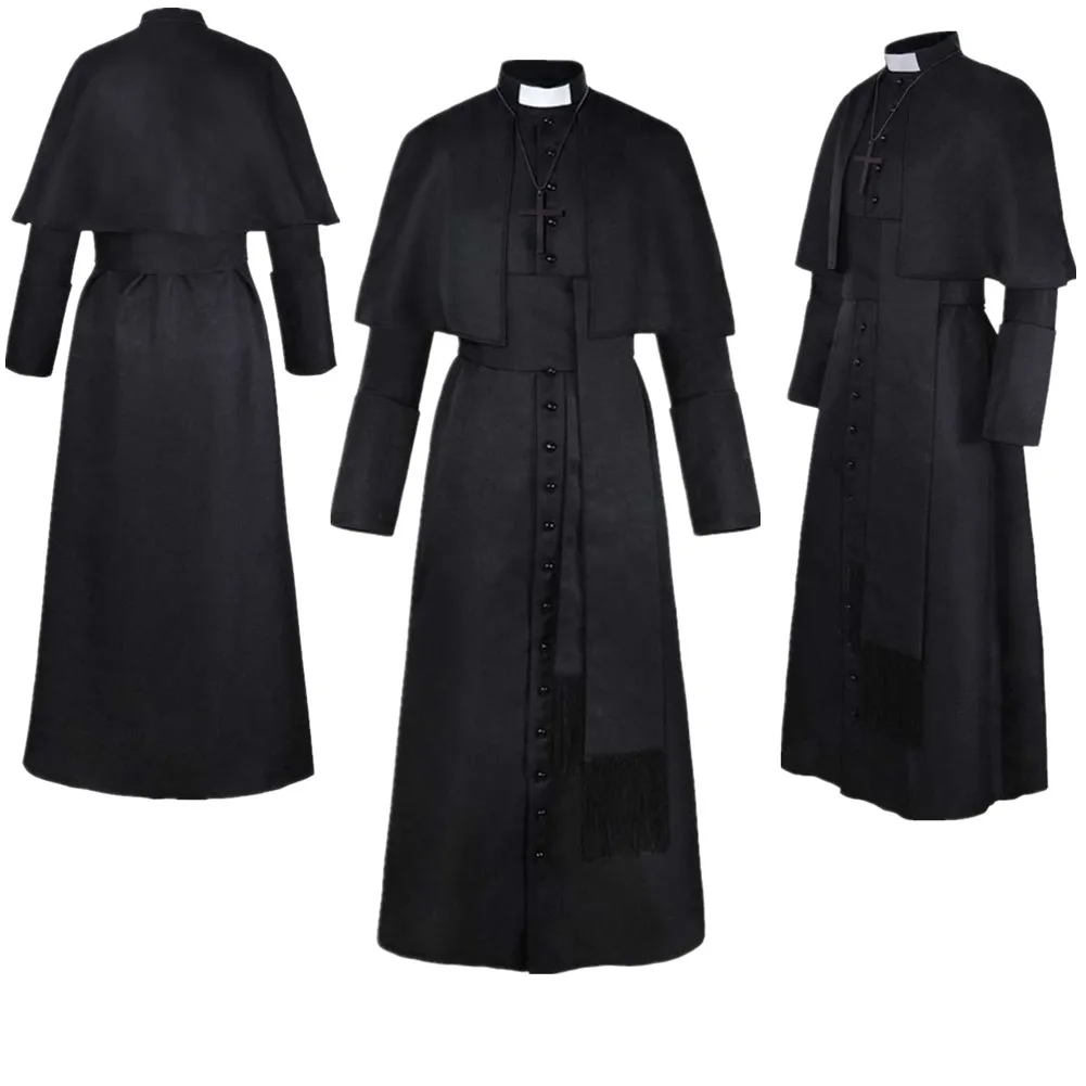 Priest Cosplay White Robe Black Neclace Medieval Pastor Halloween Renaissance Costume Cloak Outfits Adult Carnival Party Suit