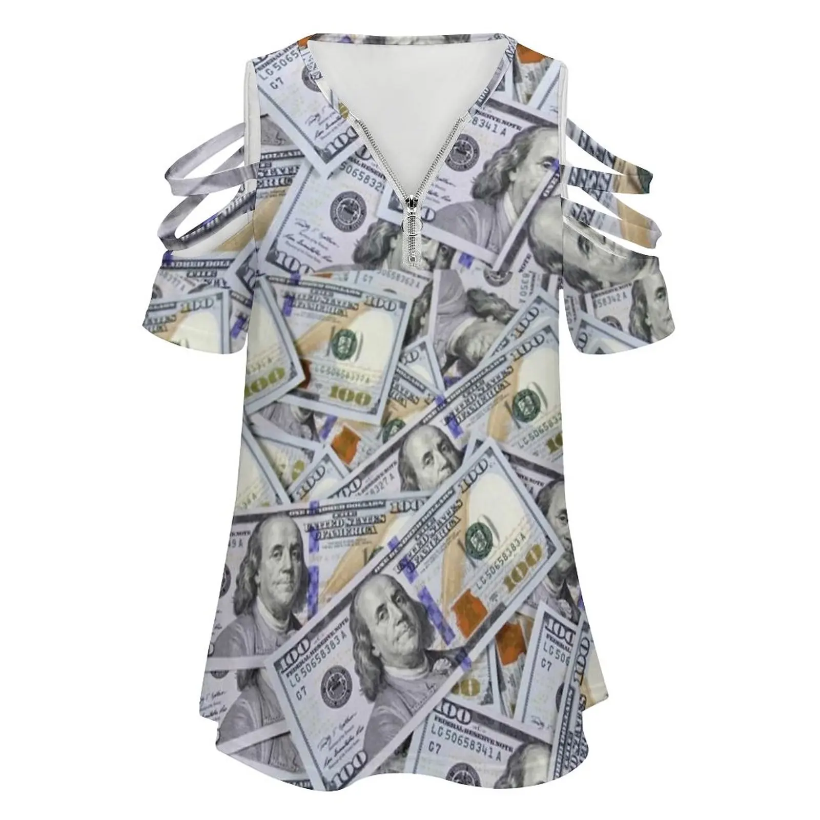 One Hundred Dollar Bills Women Zipper Various styles Printed T Shirts Tops Full Print T-Shirt 100 Dollar Bill Money Cash Hundred