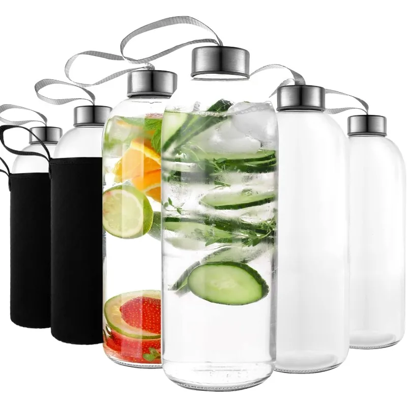 

32 oz Glass Water Bottle Set of 12 - Glass Water Bottles Caps & Sleeve, Reusable Glass Bottle Lids
