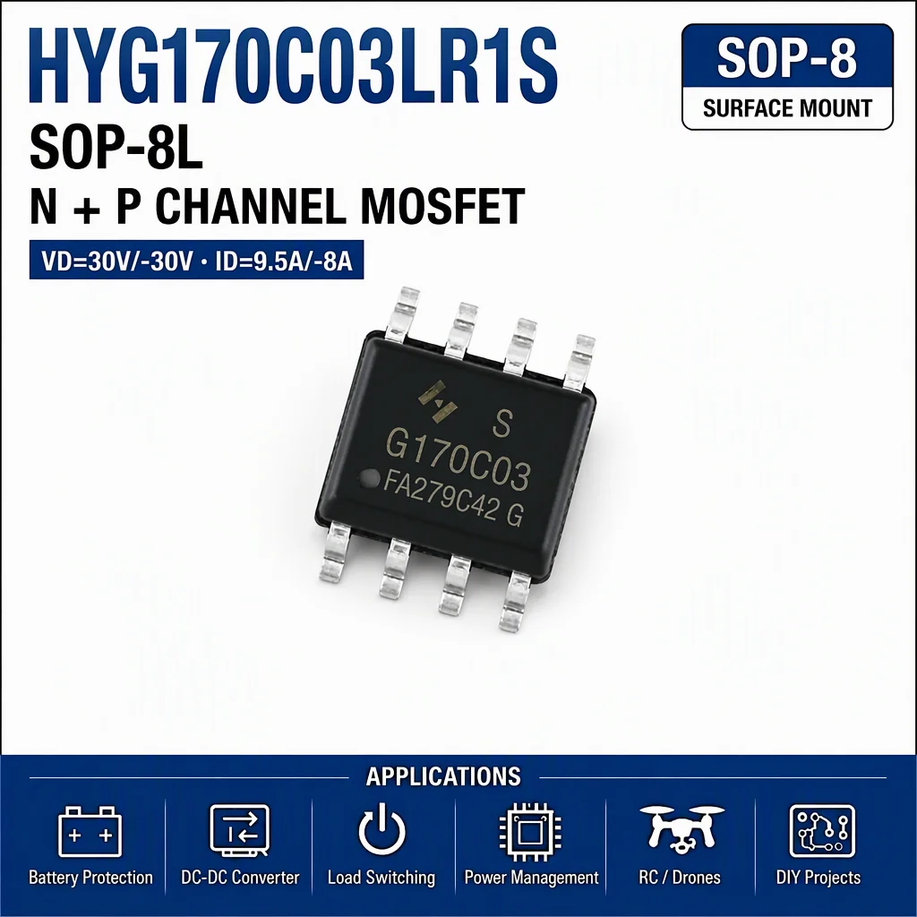(10 Pcs) HYG170C03LR1S SOP8L HYG170C03 G170C03 - Complementary MOSFET 30V 9.5A 30mΩ