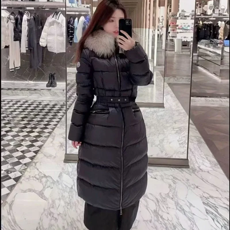 Winter New Large Fur Collar Belt Thickened White Duck Down Jacket Women's Mid-length Down Coats Warm Slim Puffer Jacket Women - Image 6